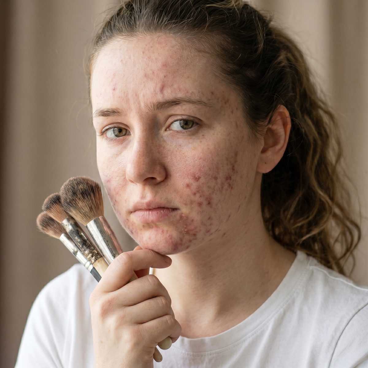 Woman with acne holding dirty makeup brushes